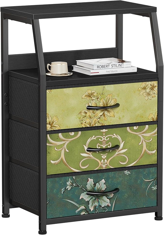 Retro Night Stand with 3 Drawers and 2-Tier Shelf, Small Nightstand Side Table