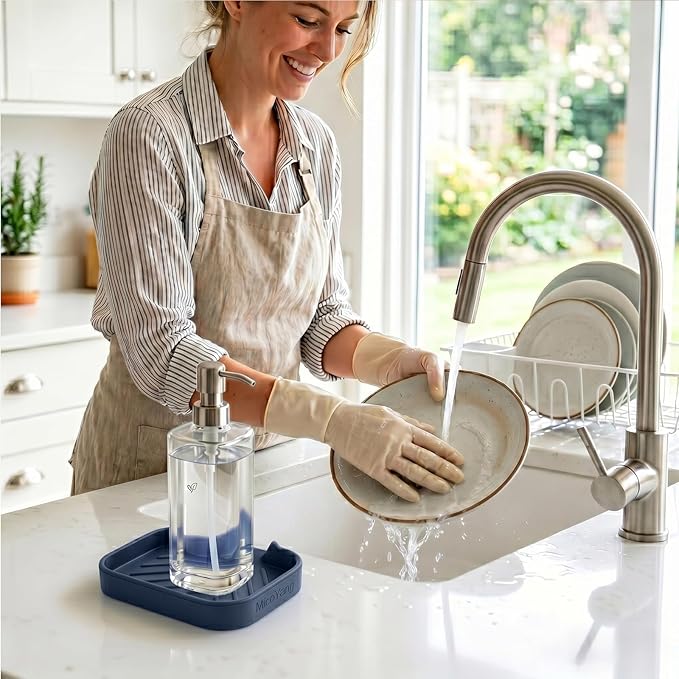 MicoYang Silicone Soap Dish with Drain Spout — Self-Draining Sink Organizer Tray for Bathroom & Kitchen, Holds Bar Soap, Sponges & Dispensers, Non-Slip & Dishwasher Safe, Navy Blue (Small, 4.9"×3.2")
