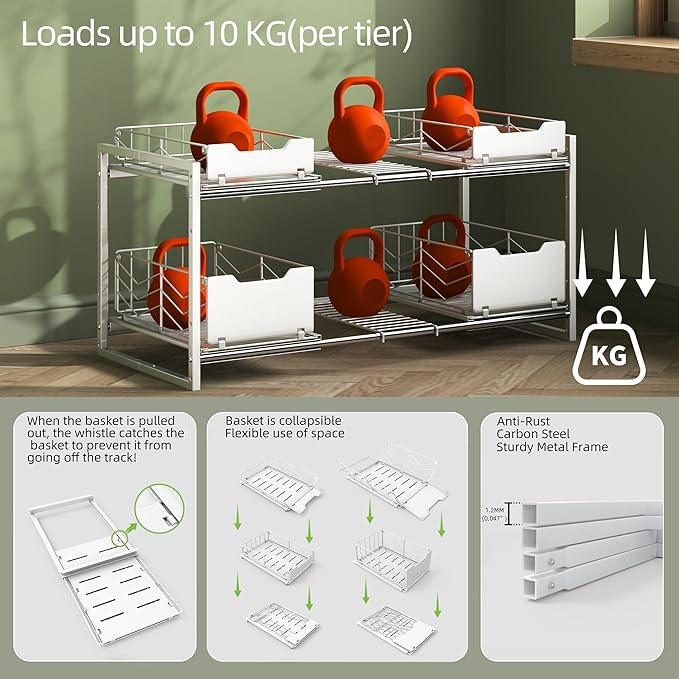 NETEL NETELAdjustable Under Sink Organizers and Storage, 2 Tier Expandable Pull Out Under Sink Organizers and Storage, 4 Pull-Out Metal Baskets, (21.5-31.64)" W X 14.69" D X 15.83" H