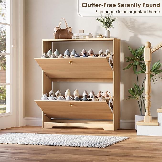 Nicetree Shoe Storage Cabinet with 2 Flip Drawers, Slim Shoe Cabinet, Hidden Shoe Rack Cabinet, Shoe Storage Cabinet for Entryway, Hallway, Foryer, Natural Oak