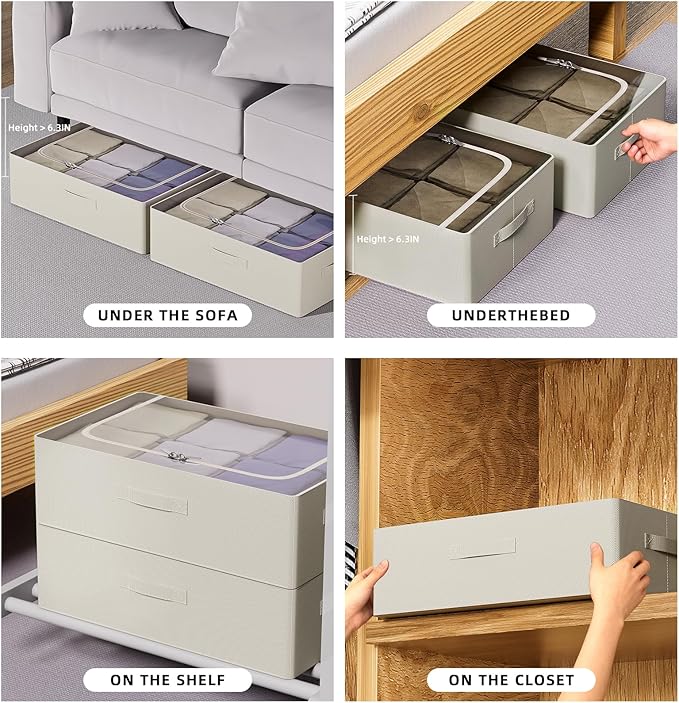 CYhom 3Pcs Under Bed Storage Bins with Metal Frame - Shoe Organizer for Closet with Clear Cover Oxford Fabric Sturdy Underbed Container Foldable Stackable Clothes Organizer (Beige, 23.5x19.7x6.3)