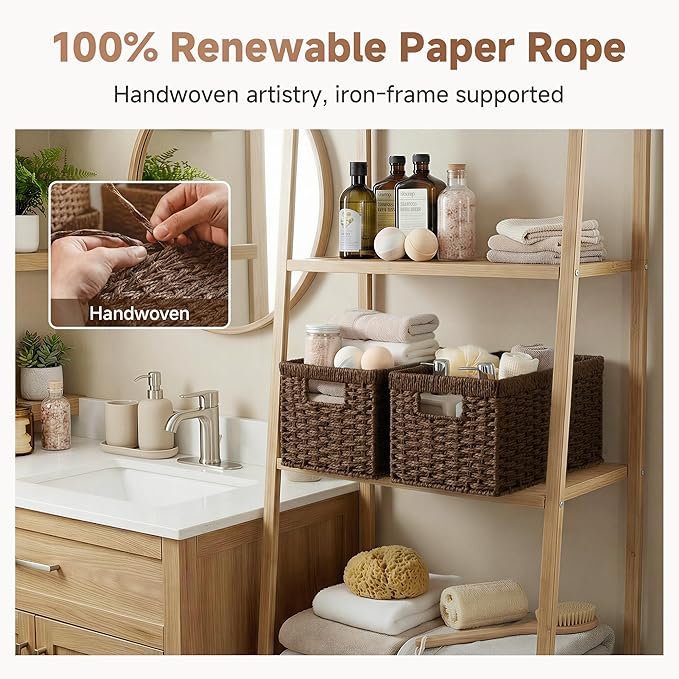 StorageWorks Round Paper Rope Storage Baskets, Rectangular Wicker Baskets with Built-in Handles, Medium, 2-Pack