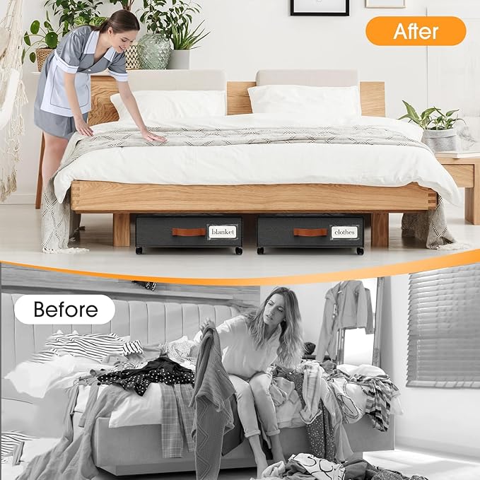 SpaceHacks Under Bed Storage with Wheels 2Pack Storage Containers with Clear Window&Label Under Bed Drawers Rolling Under Bed Storage for Clothes,Shoes, Blankets (30.71 x 16.93 x 6.69 in, Dark Grey)