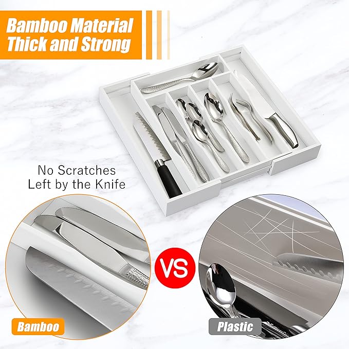 White Silverware Organizer Kitchen Drawer Organizer Expandable Bamboo Utensil