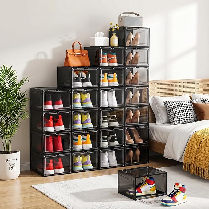 Large Black Shoe Storage Boxes Stackable, 12 Pack Hard Plastic Shoe Storage Organizer with Magnetic Door, Shoe Container Sneaker Storage Display Case Fit up to US Size 13 Black