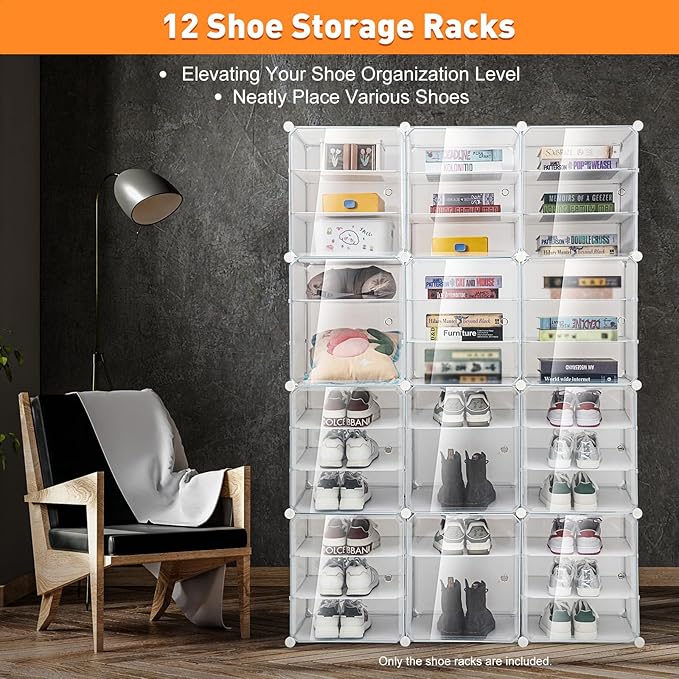 12-Tier 3-Line Dustproof Shoe Boxes 72 Pairs Clear Shoe Rack Organizer Stackable Storage Cabinet Plastic Shoe Closet for DIY Home Bedroom Living Room Porch (72 Pairs)