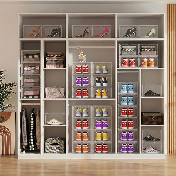 Large Clear Shoe Storage Boxes Stackable, 12 Pack Hard Plastic Shoe Storage Organizer with Magnetic Door, Shoe Container Sneaker Storage Display Case Fit up to US Size 13 Clear