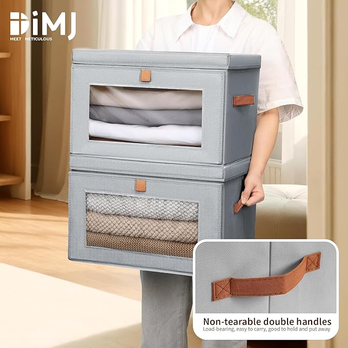 DIMJ Storage Bins with Lids - 4 Pack Fabric Closet Organizer with Window & Handles, Collapsible Decorative Storage Boxes for Shelves Under Bed, Books Clothes Blankets Sweaters Organization