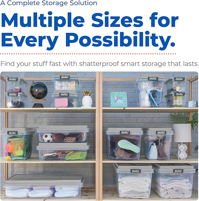 Hefty 113 Qt Hi-Rise Storage Bin with Lid, Stackable Plastic Storage Container, Organizer for Home, Garage & Closet, 4 Pack, Gray
