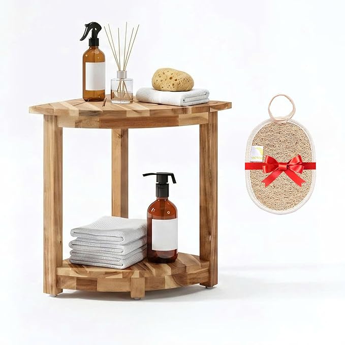VICTORY RELAX Acacia Wood Corner Shower Shelf for Inside Shower – Waterproof Shower Bench & Foot Rest for Shaving Legs, Small Bathroom Spa Seat, Light Natural Color (17.9")
