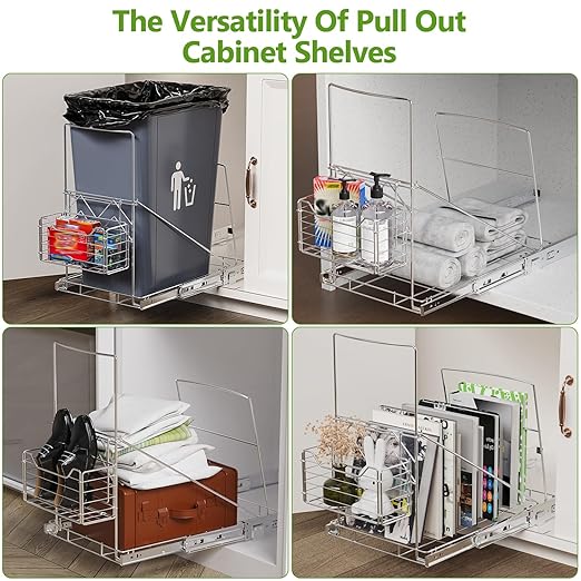 LIONONLY Pull Out Trash Can Rack Under Cabinet, Under Sink Trash Can for 7-11 Gallon Trash Bin, Under Cabinet Trash Garbage Pull Out Kit w/Garbage Bag Holder(Not Include Can)