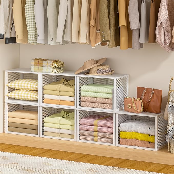 3 Pack Stackable Closet Organizers and Storage Basket, Closet Shelves with Wood Top Extra Storage, Multifunctional Clothes Organizer Bins/Cube Storage Drawer for Wardrobe Kitchen Laundry Room, White