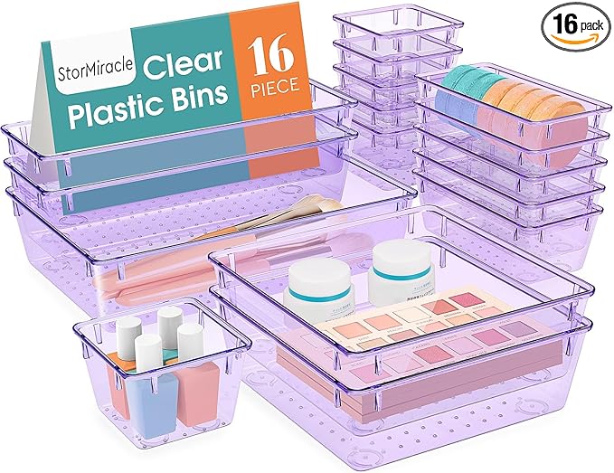 StorMiracle 16 PCS Drawer Organizer Set, 5 Varied Size Bathroom and kitchen Drawer cabinet organizer Trays, Clear Storage Bins for Makeup, Jewelry, Utensils and Gadgets, Purple