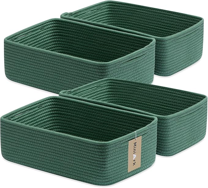 MiniArk Large Shallow Organizing Baskets 15x11x5.1 Inches - Rope Woven Storage Bins for Bathroom, Shelves, Cube Closet, Green 4 Packs