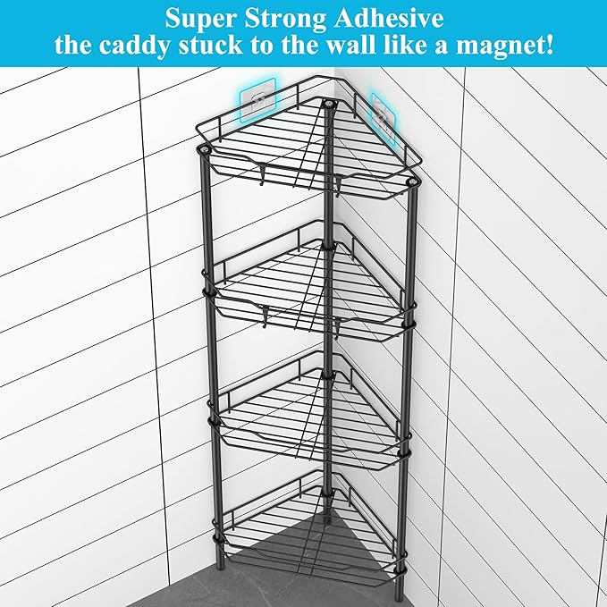 4 Tier Floor Standing Corner Shower Caddy Organizer Shelf with Hooks, Black