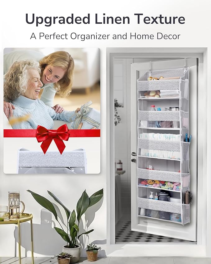 1 Pack Over Door Organizer with 5 Large Pockets 10 Mesh Side Pockets, Light Gray