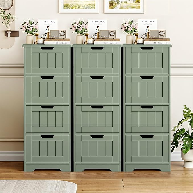 FOTOSOK Bathroom Storage Cabinet, Bathroom Cabinet with 4 Drawers, 11.8” x 11.8” x 32.5” Freestanding Entryway Cupboard Storage Organizer Unit Home Furniture Decor, Green