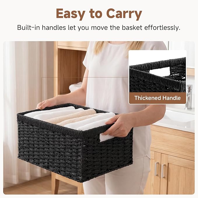 StorageWorks Wicker Storage Baskets for Organizing, Wicker Basket with Handles, Decorative Storage Baskets for Shelves, Black Paper Rope, 2 Pack