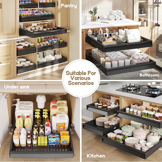 Seinloes Pull Out Cabinet Organizer, 4-Side Expandable to Fit Most Cabinets, 3 Rail Slide Out Drawers with Raising Pad for Framed & Frameless Cabinets, 13"-21" W x 17"-24" D, Black, 2 Pack