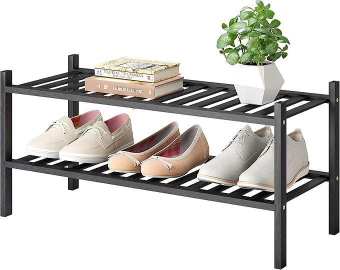 Shoe Rack, 2-Tier Bamboo Stackable Shoe Shelf Storage Organizer