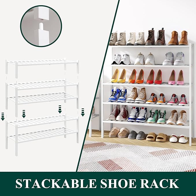 Smiry Long Bamboo Shoe Rack, 3 Tier Free Standing Wooden Shoe Organizer, Stackable Wood Shoe Storage Shelf for Closet, Entryway, 12 Vertical Slats, 2+1 Stack Standard Legs, 33.7"x11"x19.5", White