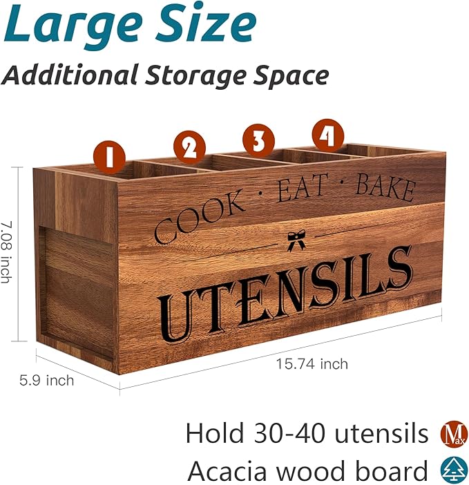 Suli Acacia Wood Utensil Holder for Kitchen Counter,Extra Large Utensils Holder with 4 Compartments,Caddy Organizer for Countertop, Farmhouse Kitchen Decor, Rustic Cooking Utensil-Acacia Brown