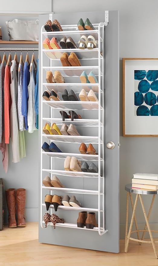 Whitmor 36 Pair Over the Door Shoe Organizer, 12 Tier Hanging Shoe Organizer, Heavy Duty Metal & Mesh Shoe Holder, Hanging Shoe Rack for Closet Organizer & Storage, 74"L x 21.7"W x 7.5"H, White