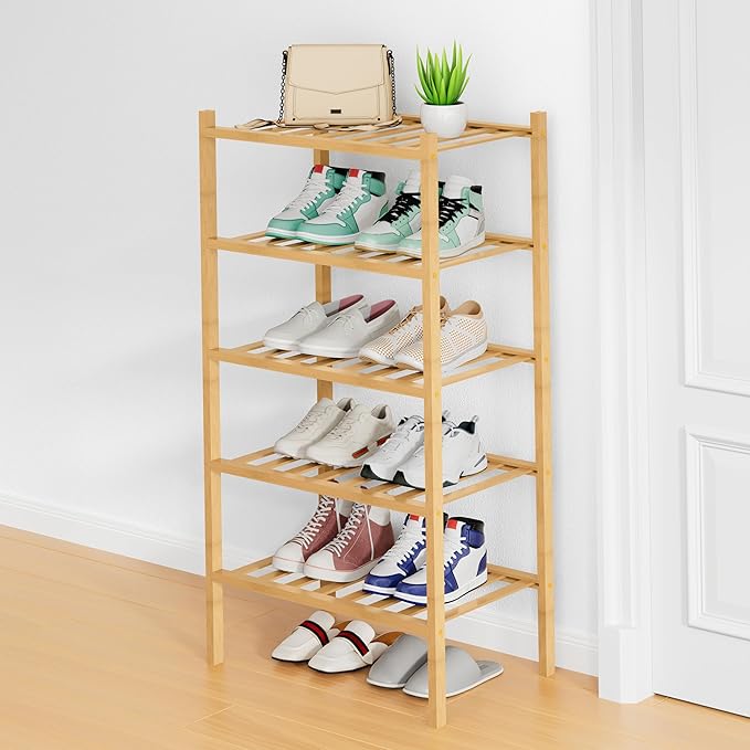 Smiry Small Bamboo Shoe Rack, 5 Tier Free Standing Wooden Shoe Organizer, Stackable Wood Shoe Storage Shelf for Closet, Entryway, 12 Vertical Slats, 2+2+1 Stack Standard Legs, 17.3"x11"x32.5", Natural