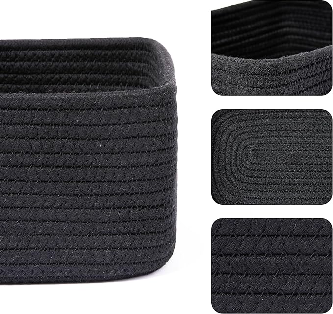 MiniArk Small Storage Baskets for Organizing | Closet Organizer Bins | Shelf Toy Basket | Woven Rope Baskets | Cube Decorative Box | Shallow Basket | 11.5x7.5x4.7” | 3 Packs Black