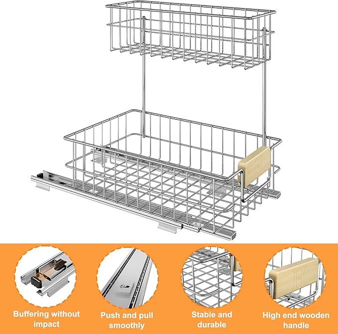 Pull Out Cabinet Organizer, Under Sink Slide Out Storage Shelf with 2 Tier Sliding Wire Drawer, Sliding Storage for Inside Kitchen Cabinet- 11.5 in. W x 21.5 in. D (Right)