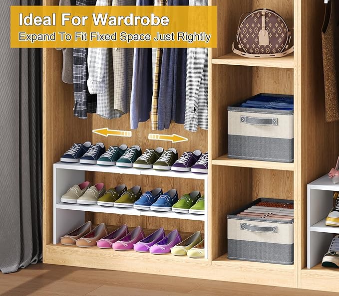White Shoe Rack Organizer for Closet, 2-Tier Expandable Shoe Shelf, Stackable Iron Wood Combination Small Shoe Racks Shelves for Closets, Entryway,Small Space,Hallway,Bedroom,Bathroom,6-12 Pairs