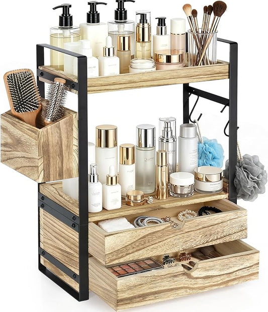 2-Tier Bathroom Counter Organizer with 2 Drawers, Basket and Hooks