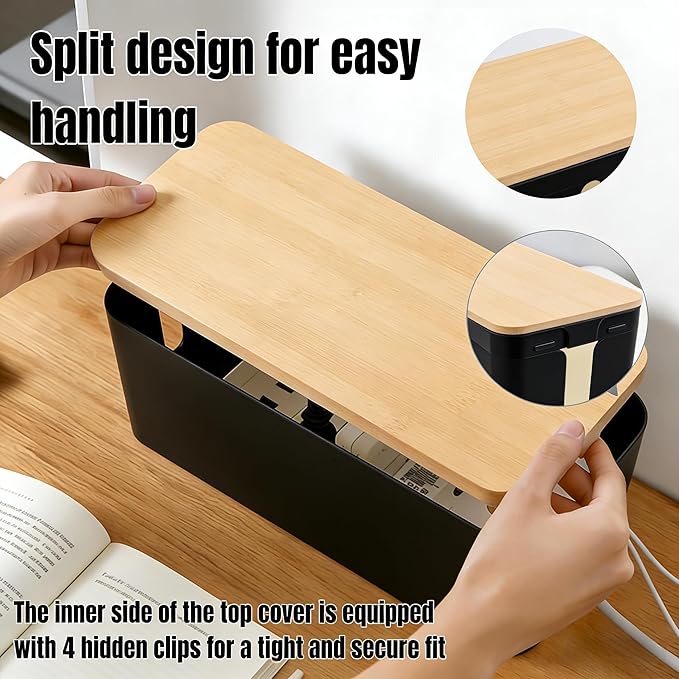 1Large+1Small Cable Organizer Set with 4 Silicone Cable Ties, 2-Piece Cable Management Box, Bamboo Lid Cord Organizer for Home Office,Set of Two Cable Box,Cable Organizer Box(Bamboo lid/Black)