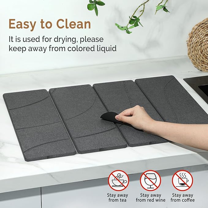 Large Stone Dish Drying Mat for Kitchen Counter, Carved Gray 24"x16"&8"x4"