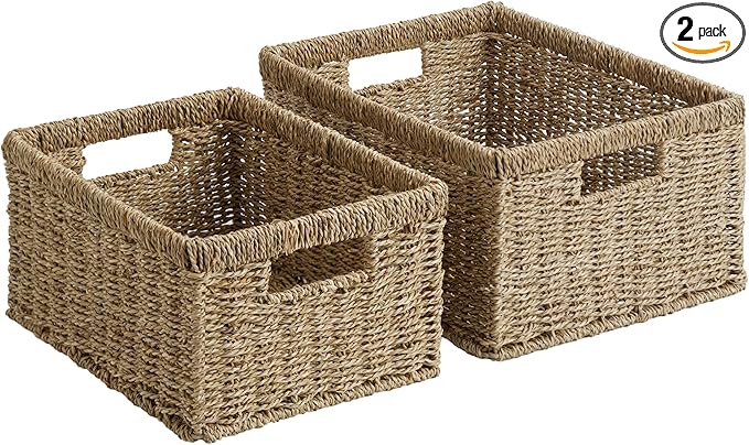 StorageWorks Wicker Storage Baskets, Handwoven Seagrass Basket for Organizing, Decorative Organizers with Built-in Handles, Set of 2