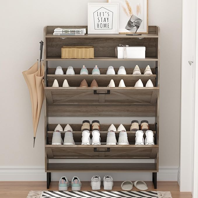 Shoe Cabinet with 2 Flip Drawers, Grey