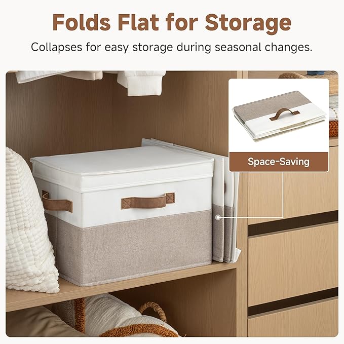 StorageWorks Fabric Storage Bins with Lid, Decorative Storage Boxes for Shelves, Stackable Closet Organizer Basket with Handles, Large, Brown and White, 2-Pack
