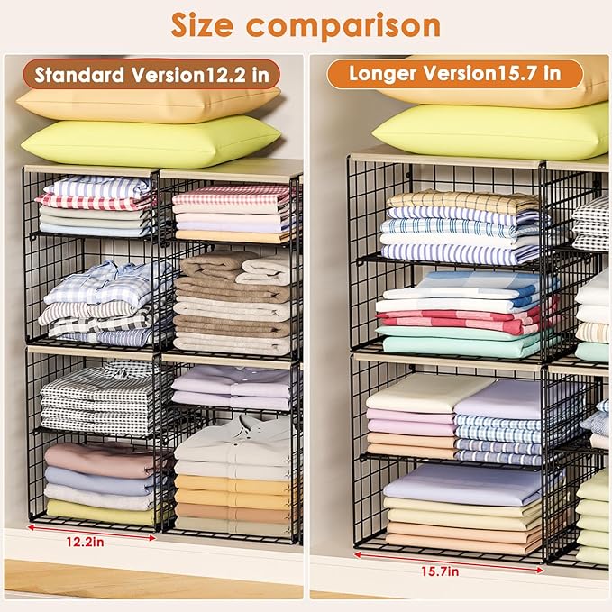 4-Tier Widened Closet Organizers and Storage, Extra Long Stackable Closet Shelf Organizer with Adjustable Dividers and Wood Top, Large Closet Storage Basket for Clothes, Jeans, Wardrobe Organization
