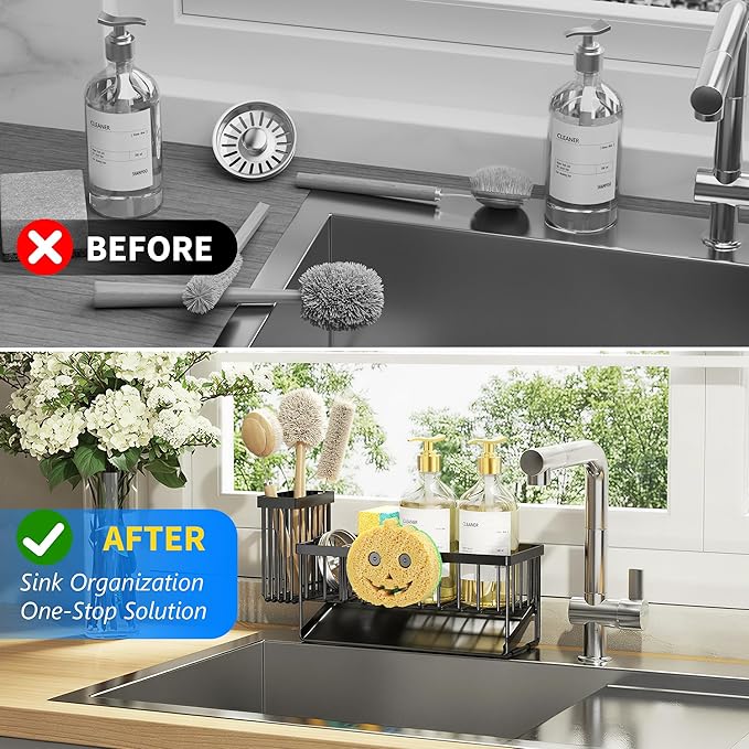 Cisily Kitchen Sink Caddy Organzier with High Brush Holder, 9.25″)