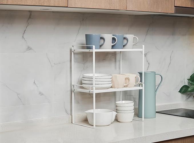 Shantton 2Pack Kitchen Cabinet Shelf Counter Organizer Rack Pantry Storage Bathroom Bedroom Office Table Desk Space Saving Stackable Rust Resistant Non Slip White Tall Wide L16.1in W10.6in H9.5in