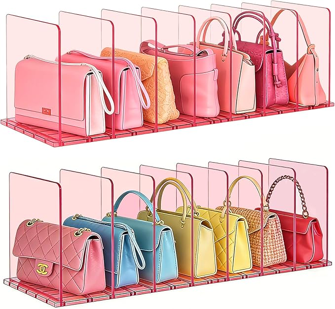 SortNStore Purse Organizer for Closet: Shelf Dividers Adjustable Acrylic Bag Closet Organizers and Storage Pink 4 Bases 14 Shelves
