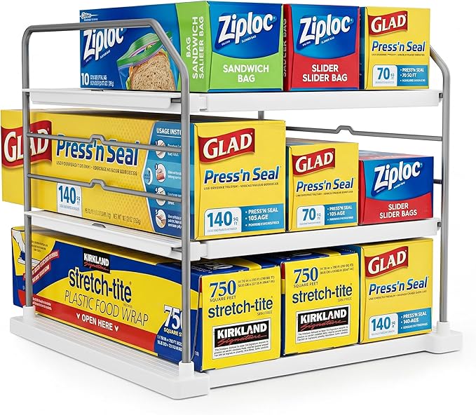 Extendable 3-Tier Kitchen Cabinet & Pantry Organizer for Plastic Wrap, Pack of 1