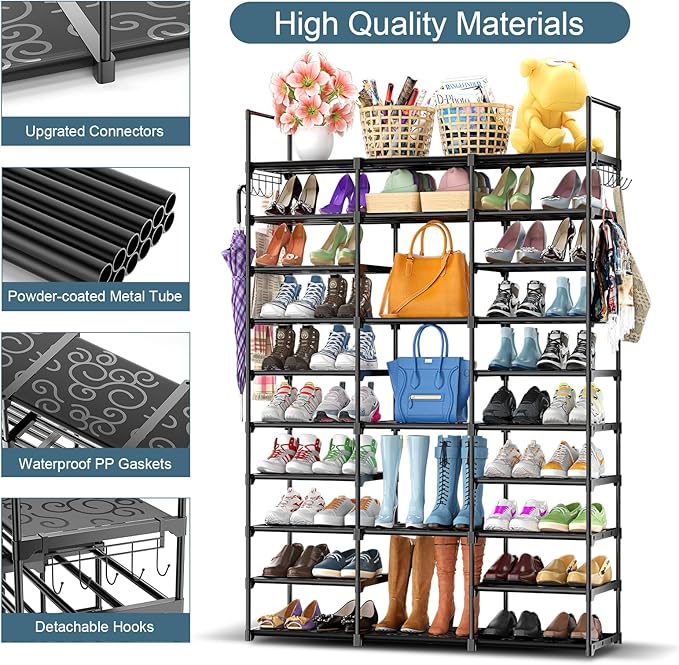 Kottwca 3 Row 10 Tier Large Shoe Rack Organizer for Closet Entryway, 60-65 Pair Shoe Boot Storage Rack, Metal Shoe Shelf Tall Vertical Stackable Shoe Stand for Bedroom Corner