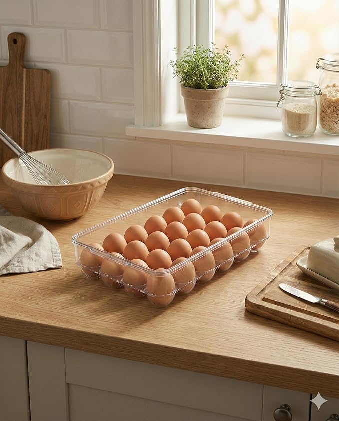 Clear Egg Holder for Refrigerator - Stackable Plastic Egg Tray with Lid, Large Capacity Egg Storage Bin, Durable Fridge Organizer for Kitchen & Countertop - Holds 24 Eggs