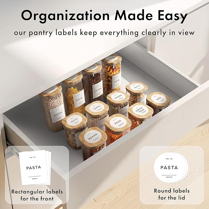 EDELHAUS Square Glass Storage Containers with Bamboo Lids 12-Pack (4x 30 oz, 8x 17 oz) Airtight Glass Storage Jars with Lids for Food, Stackable Glass Kitchen Canisters with 114 Labels for Pantry