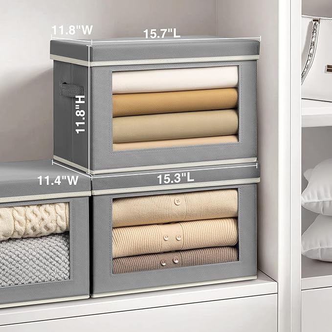 Homsorout Storage Bins with Lids, 3 Pack Large Storage Cubes with Window, Closet Bins with Lids & Handles, Fabric Box for Organizing Clothes, Towels, Books, Grey