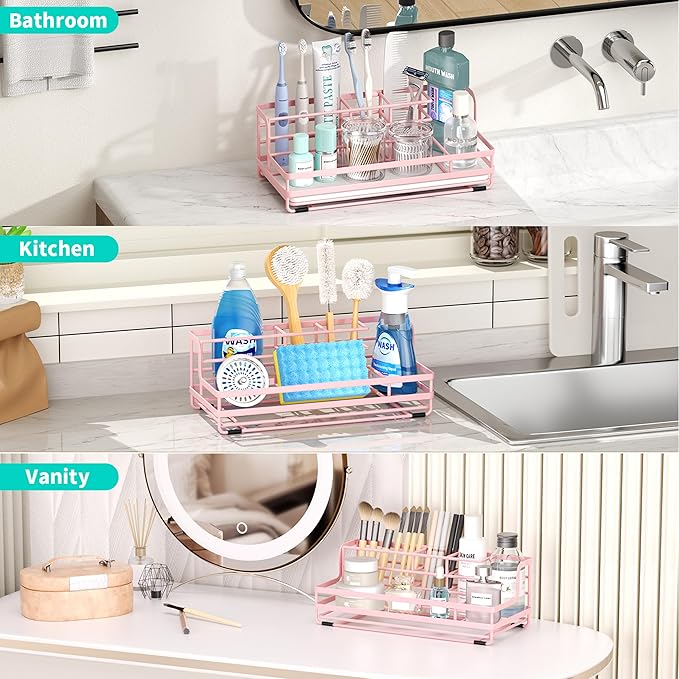 HapiRm Toothbrush Holders for Bathroom - 5 Partitions Bathroom Counter Organizer with Instant Drying Stone, Stainless Steel Countertop Storage Electric Toothbrush Toothpaste Holder - Pink