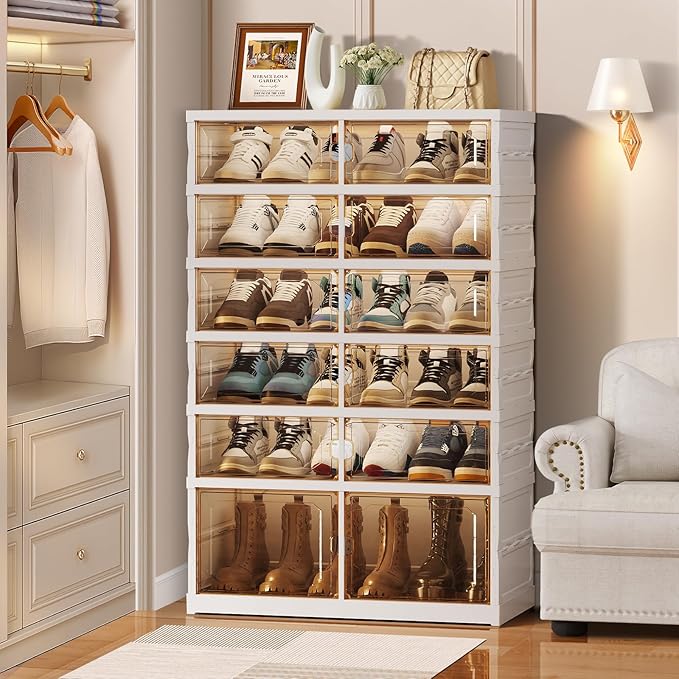 CIMLORD 6-Tier Foldable Shoe Rack Organizer for Closet, 18 Pairs Collapsible Plastic Shoe Shelf, Large Shoes Cabinet with Door, Clear Stackable Storage Box Easy Assembly White