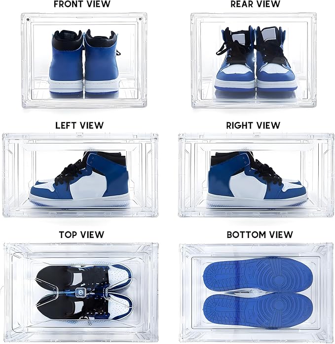 12 Pack Acrylic Clear Shoe Boxes– Ultra Clear Plastic Stackable Sneaker Storage For Sneakerhead. Professional Grade Shoe Display Case with Magnetic Door .Boots and Hat Organizer.Fits US Size 15