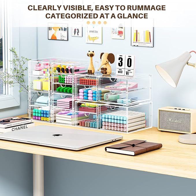 caktraie Makeup Organizer Storage With 16 Drawers, 4 Pcs Desktop Office Supplies, Desk Organizers, Clear Accessories, Dustproof Storage Drawer and for Make Up, Jewelry, Pen, Stationary